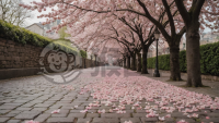 樱花盛开下的石板路美景