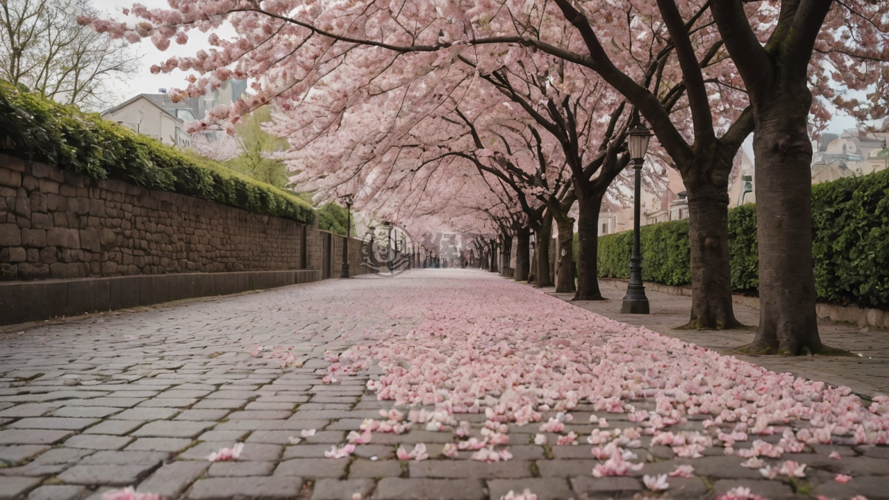 樱花盛开下的石板路美景