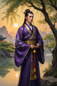 标题可以是：“紫金流光：静水之畔古朝王子”或“金碧辉映：暮色下静谧河畔古朝王子的风华”。这些标题试图通过描述王子形象，表达出他与自然和谐相处、具有尊贵气质的特点。