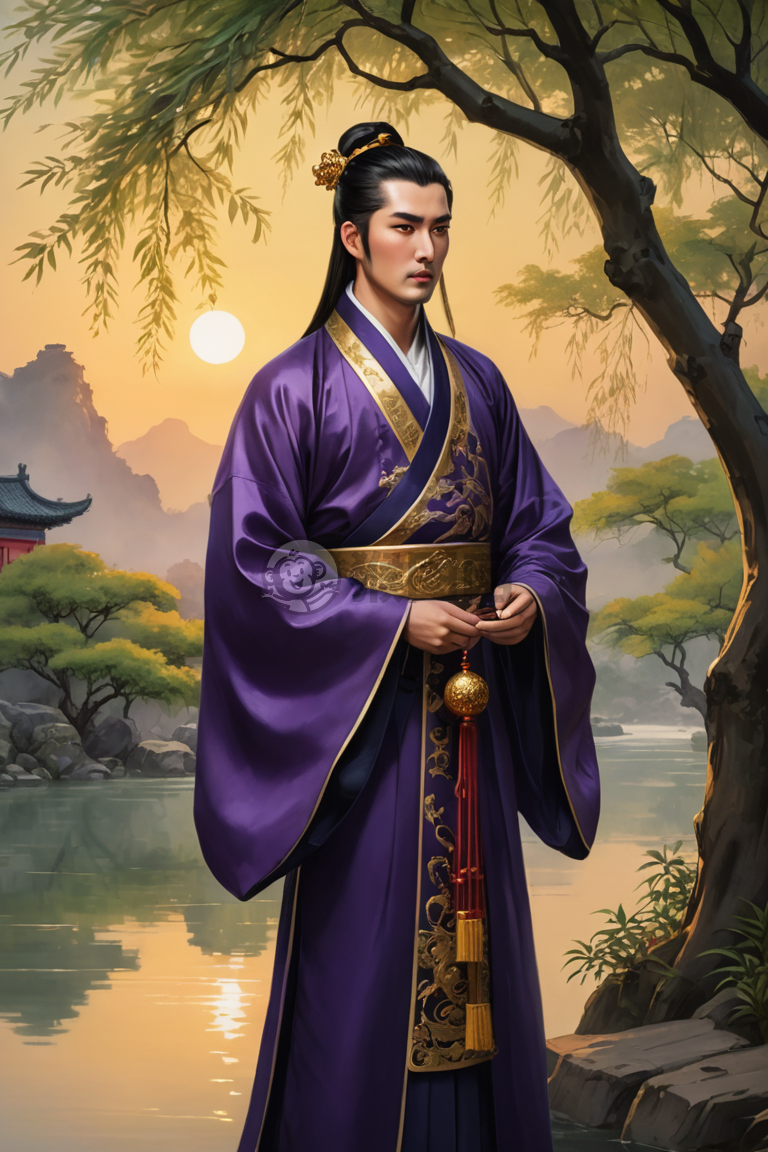 标题可以是：“紫金流光：静水之畔古朝王子”或“金碧辉映：暮色下静谧河畔古朝王子的风华”。这些标题试图通过描述王子形象，表达出他与自然和谐相处、具有尊贵气质的特点。