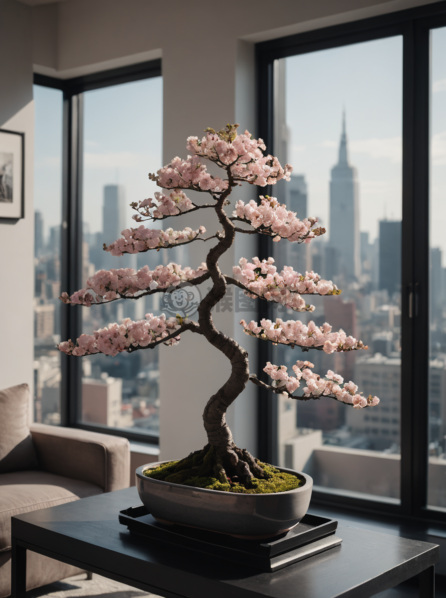 现代简约室内照片：盆景与淡粉色花朵