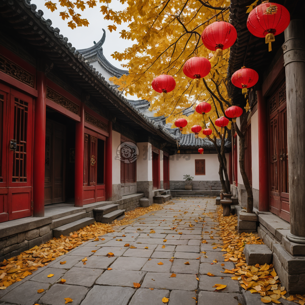 秋日古巷：黄叶落满地，红灯笼挂檐