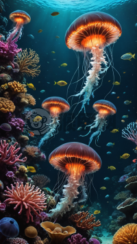 深海奇观：珊瑚礁生物群光怪陆离的深海生物共舞于绚烂珊瑚礁，生物发光鱼与奇特眼球发光的鱼儿，焦点锐利，细节入微，RAW图像呈现8K高分辨率。