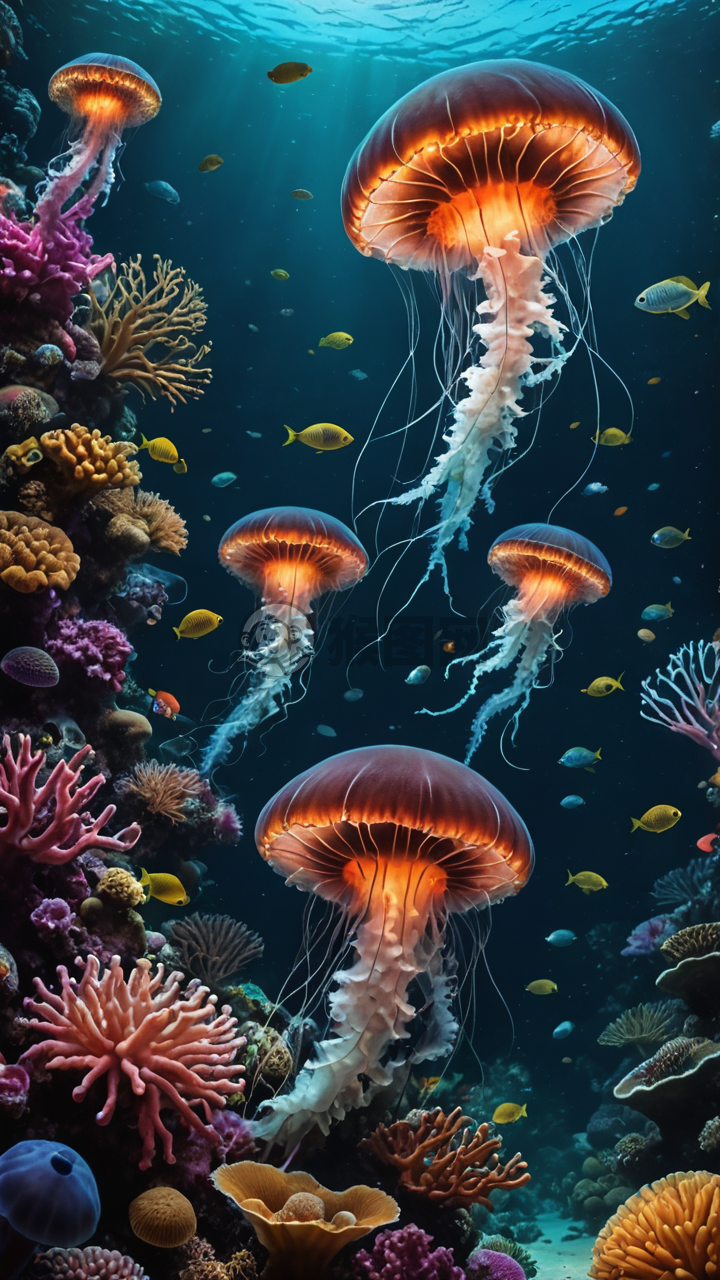 深海奇观：珊瑚礁生物群光怪陆离的深海生物共舞于绚烂珊瑚礁，生物发光鱼与奇特眼球发光的鱼儿，焦点锐利，细节入微，RAW图像呈现8K高分辨率。