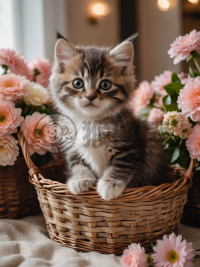 花篮中可爱绒毛小猫咪摄影作品