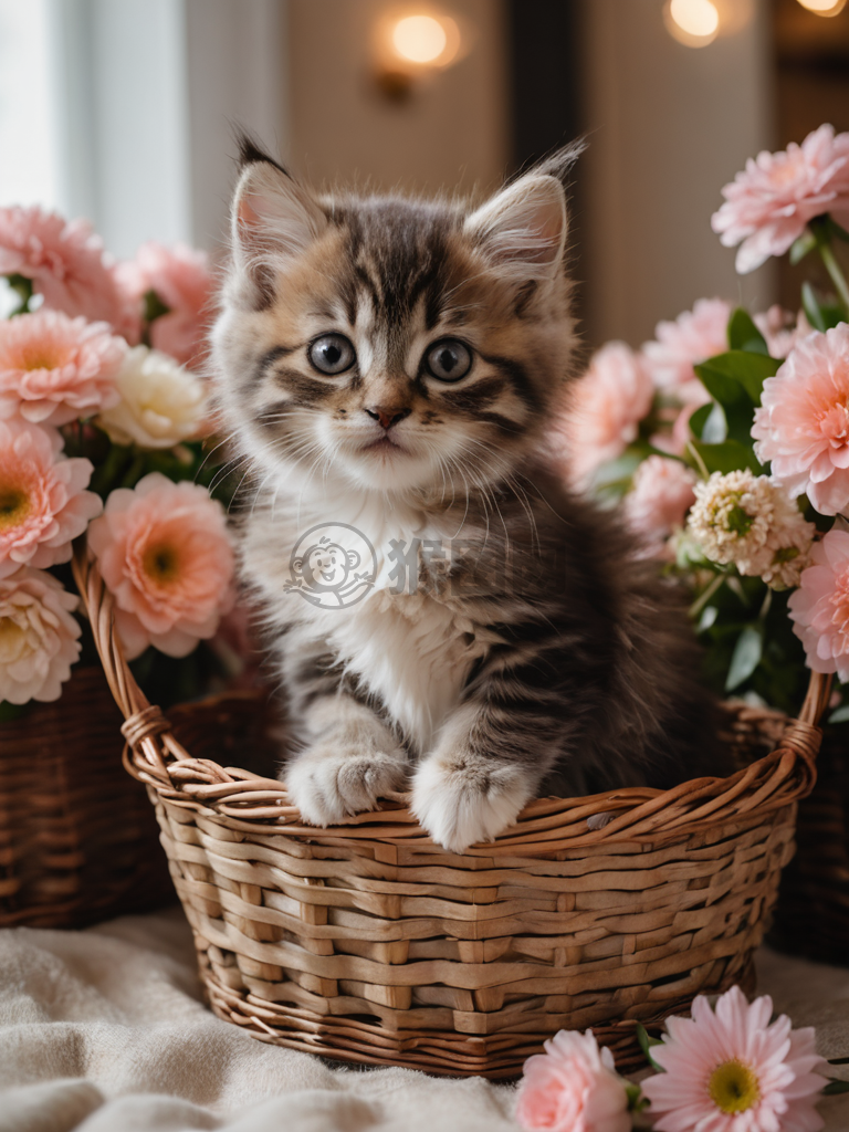 花篮中可爱绒毛小猫咪摄影作品