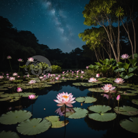 星空下的宁静荷花池