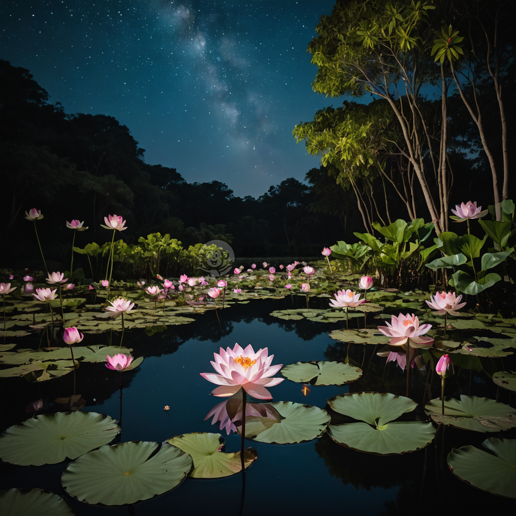 星空下的宁静荷花池