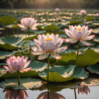 日出荷花池畔：金色阳光洒满粉白花瓣
