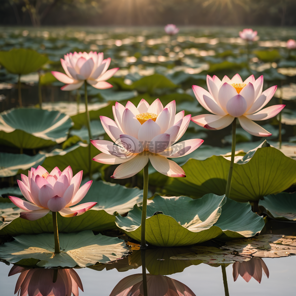 日出荷花池畔：金色阳光洒满粉白花瓣
