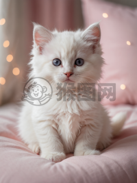 粉色垫子上慵懒的白猫摄影作品