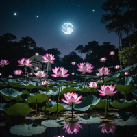 “月光下的神秘荷花池夜景照”