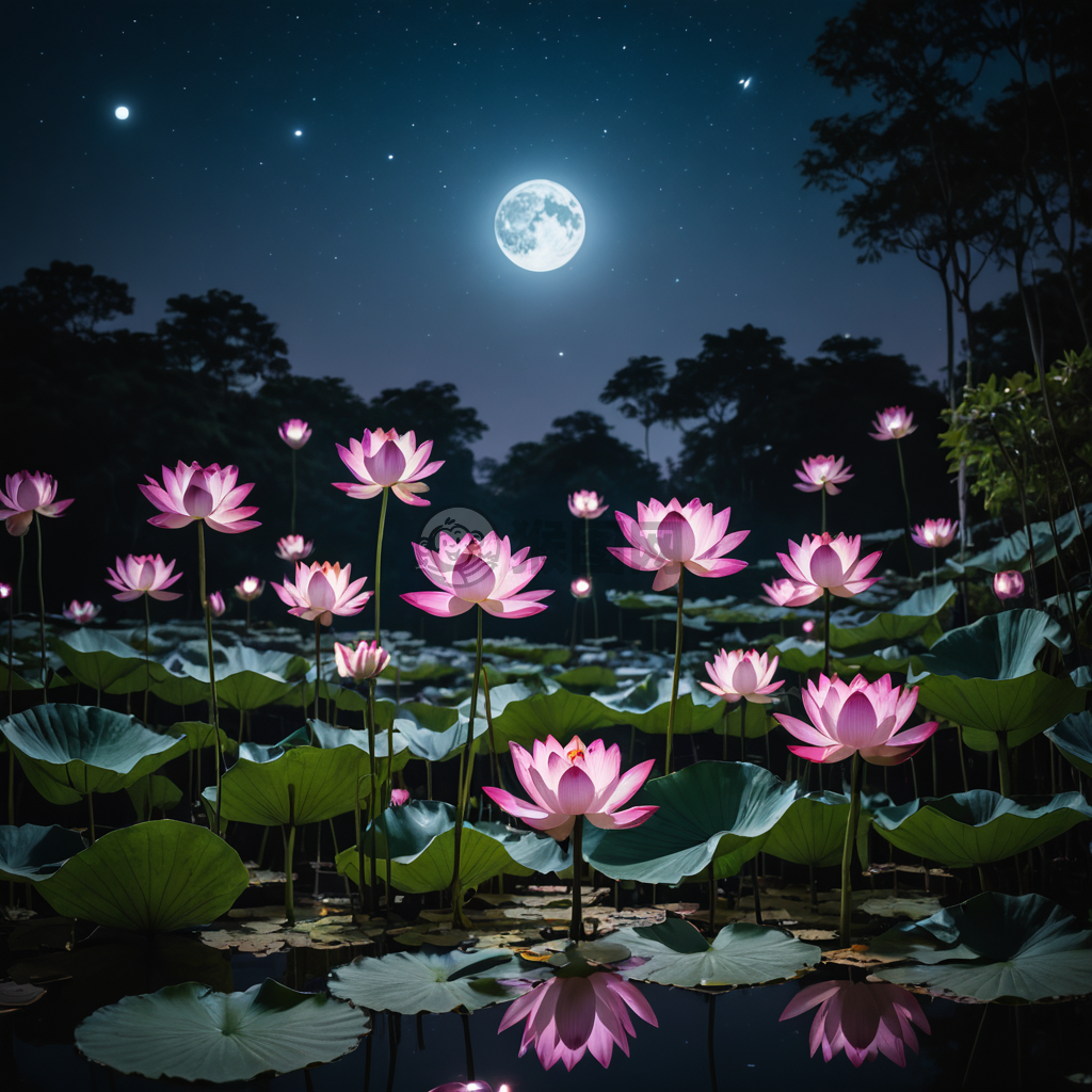“月光下的神秘荷花池夜景照”