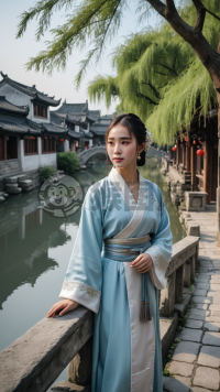 江南水乡，蓝汉服女子桥上赏景