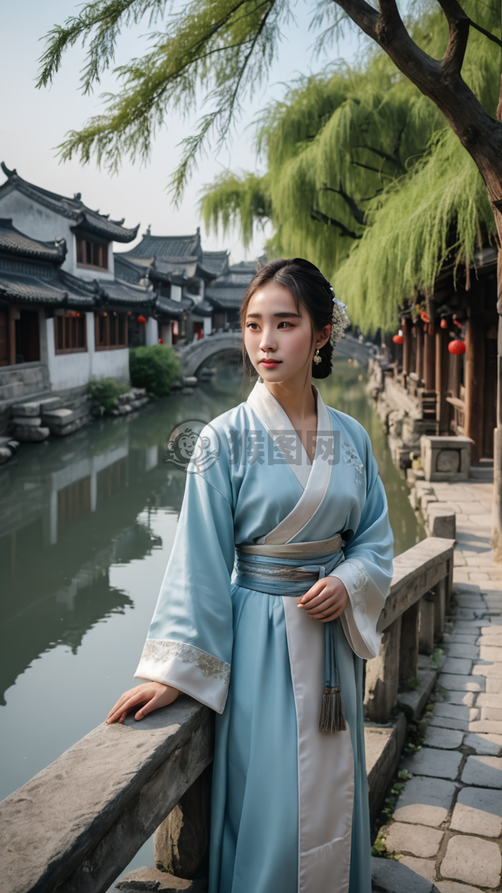 江南水乡，蓝汉服女子桥上赏景