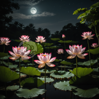夜色荷塘月色美，粉白莲花映月光。