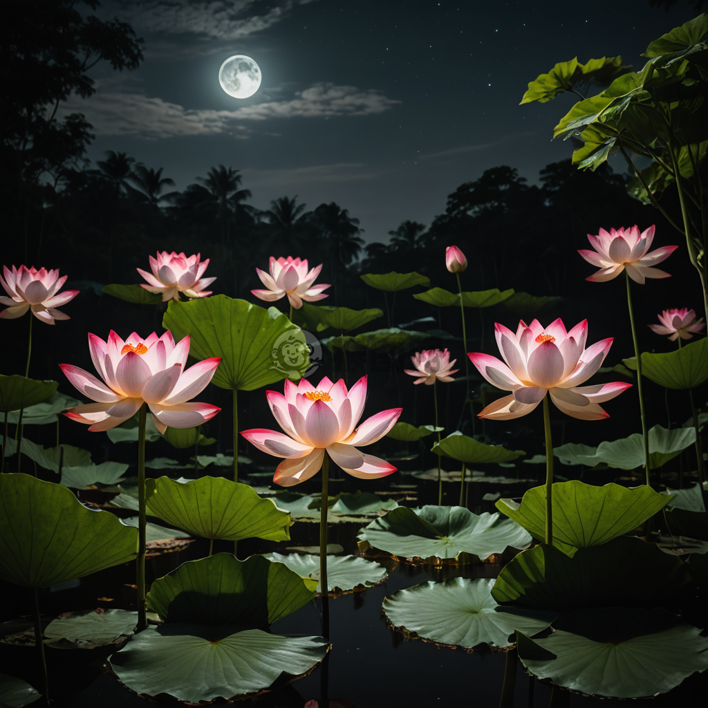 夜色荷塘月色美，粉白莲花映月光。