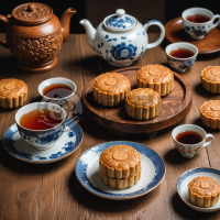 传统月饼与茶具：月圆人团圆