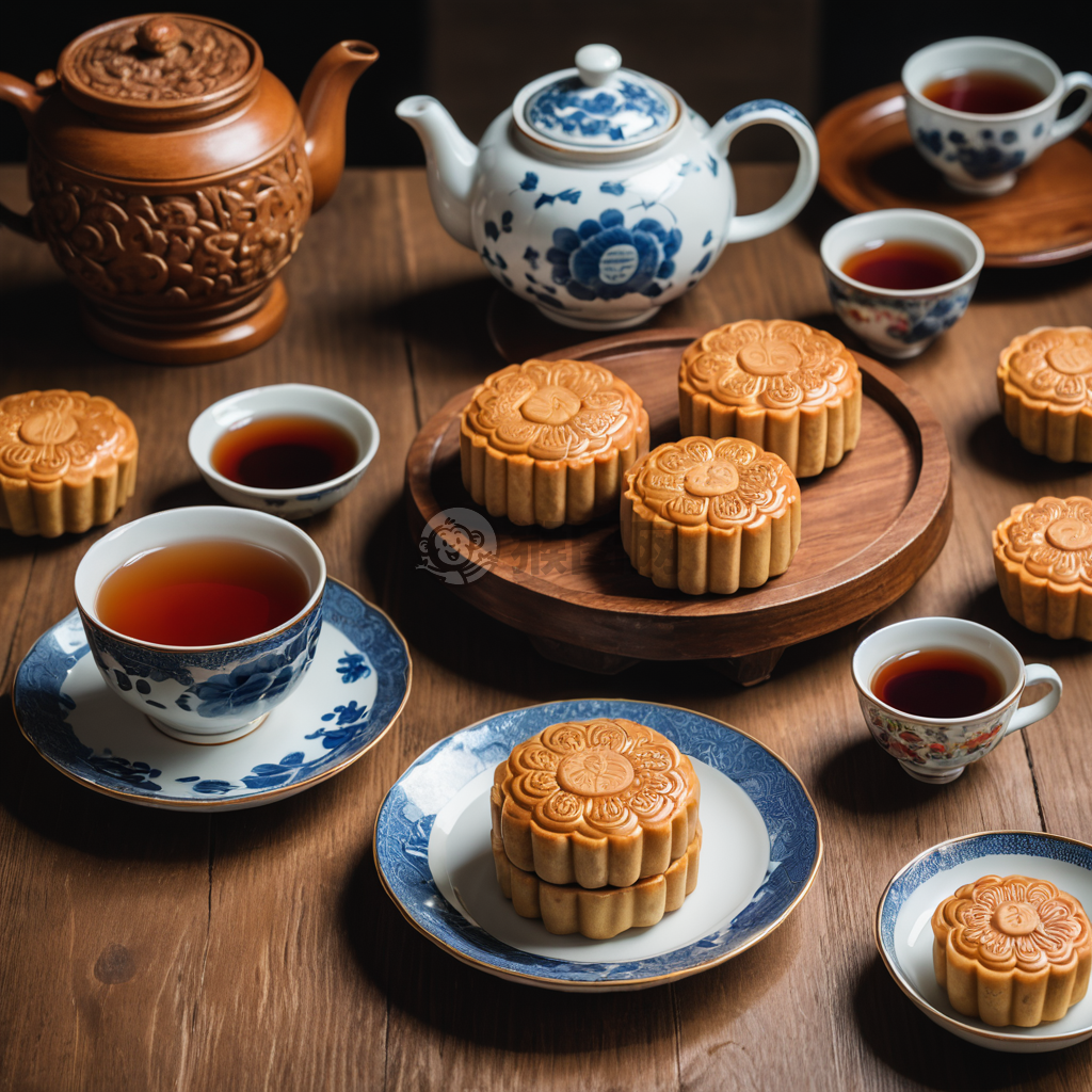 传统月饼与茶具：月圆人团圆