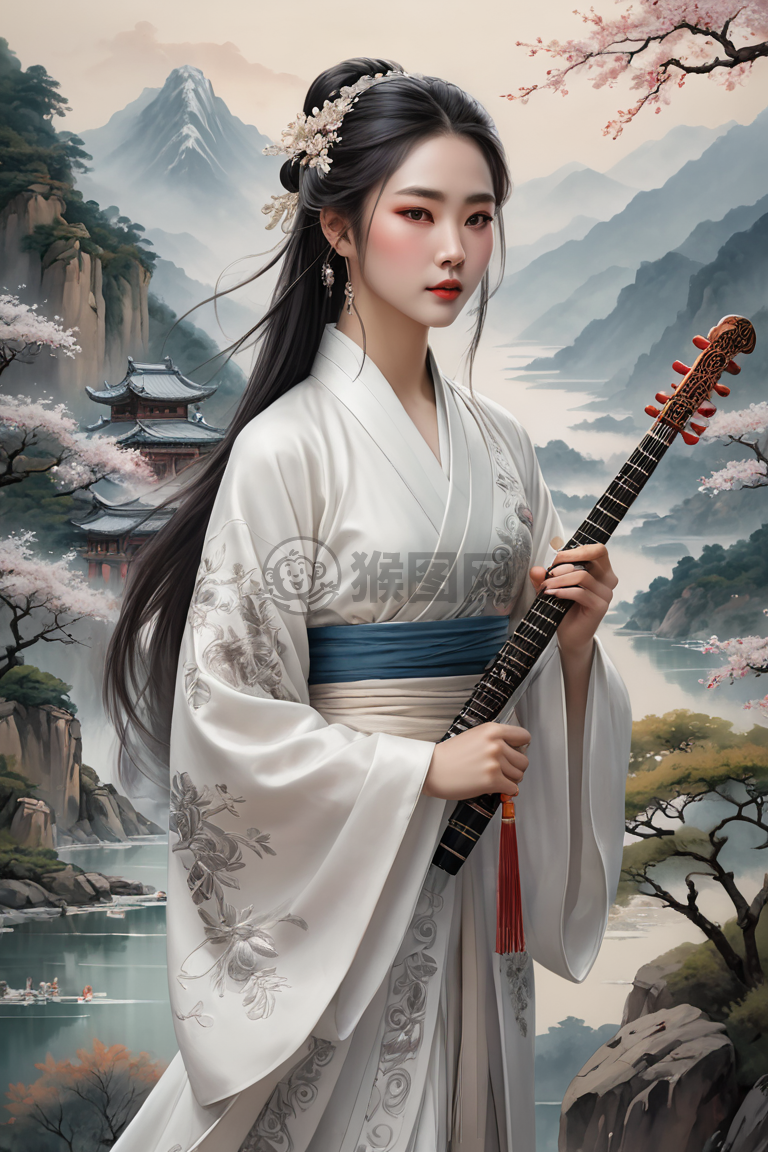 白汉服女子弹古琴山景意境美