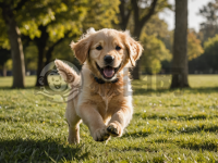 草地奔跑的金毛犬小趣照
