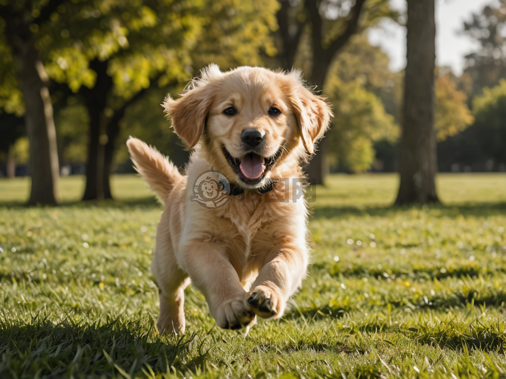 草地奔跑的金毛犬小趣照