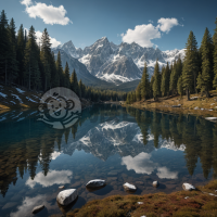 雪山倒映清澈湖，密林环绕风景如画