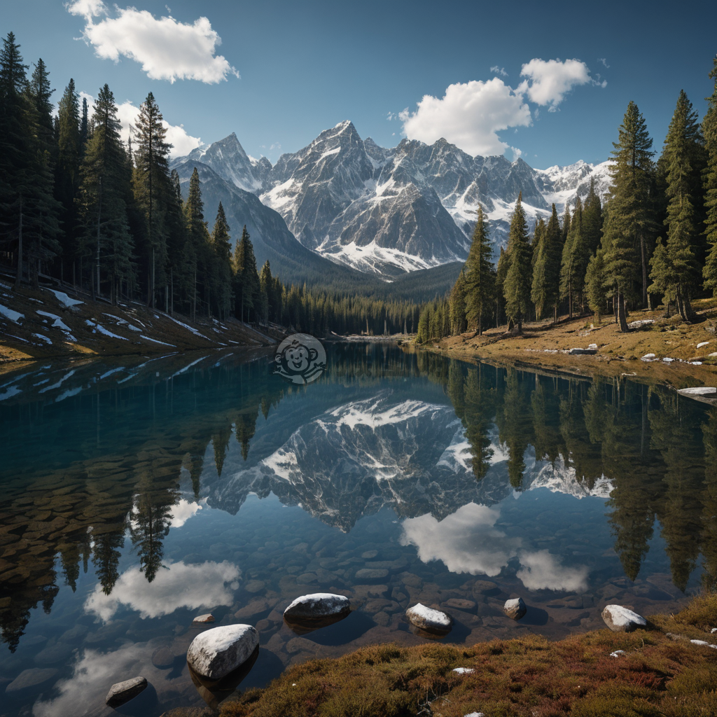 雪山倒映清澈湖，密林环绕风景如画