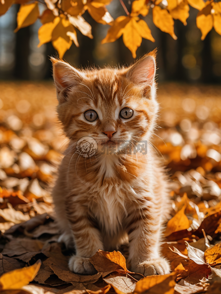 秋叶下的小橘猫摄影作品：阳光下的生动瞬间