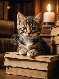 书堆中的小窥猫影：暖光与复古氛围的摄影作品