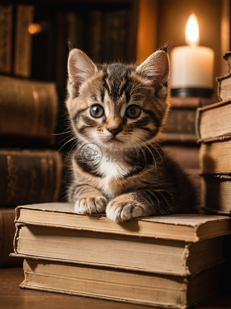 书堆中的小窥猫影：暖光与复古氛围的摄影作品