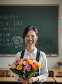 教室前中国老师捧花微笑留影：真实、自然且生动