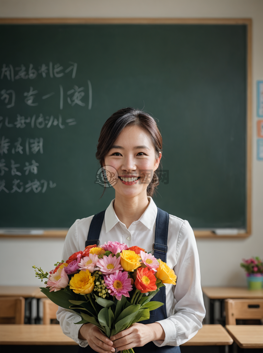教室前中国老师捧花微笑留影：真实、自然且生动