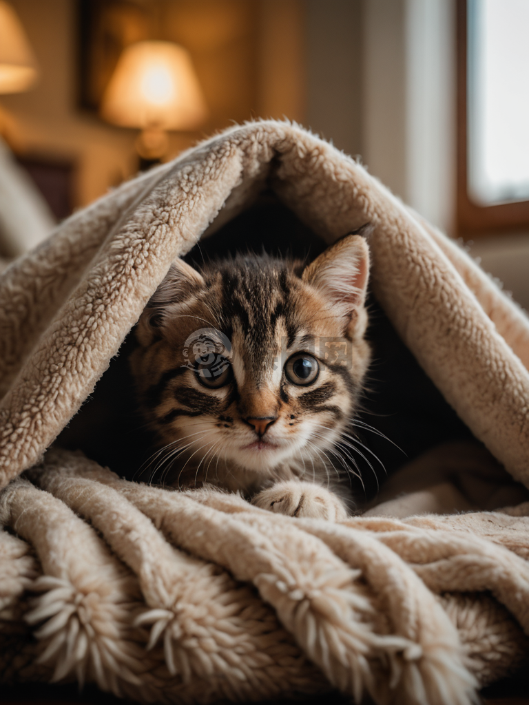 可爱毯子堡垒中的小猫特写：8K佳能EOS 6D Mark II摄影作品