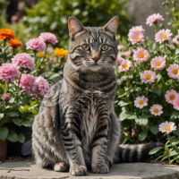 花园中的灰色虎斑猫与花海的合影