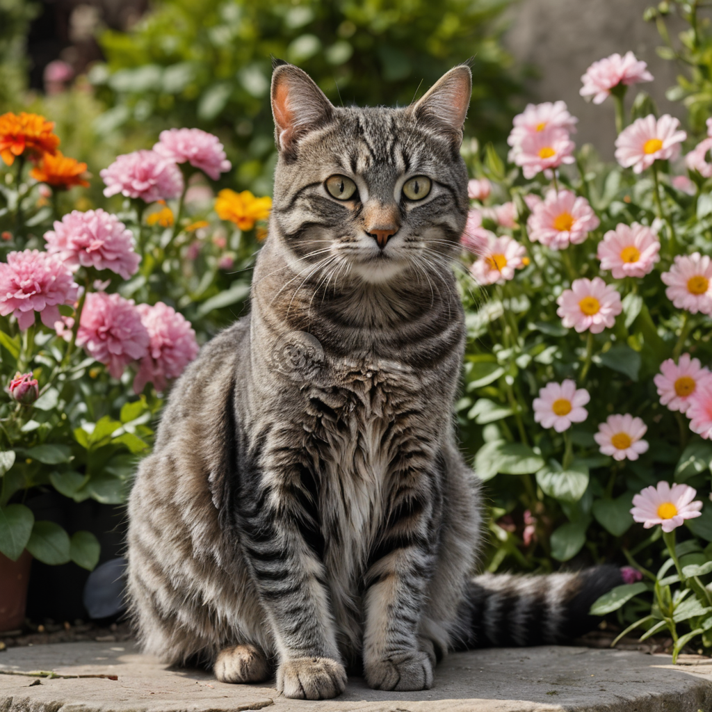 花园中的灰色虎斑猫与花海的合影