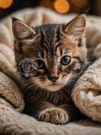 软绵绵毯子上，小猫咪恬睡美照