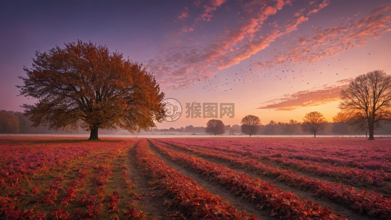 美丽秋叶晚霞景观照