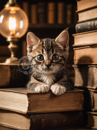 书堆中的神秘小猫咪：暖光下的复古摄影作品