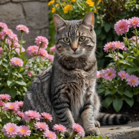 花园中的灰色虎斑猫与花海的合影