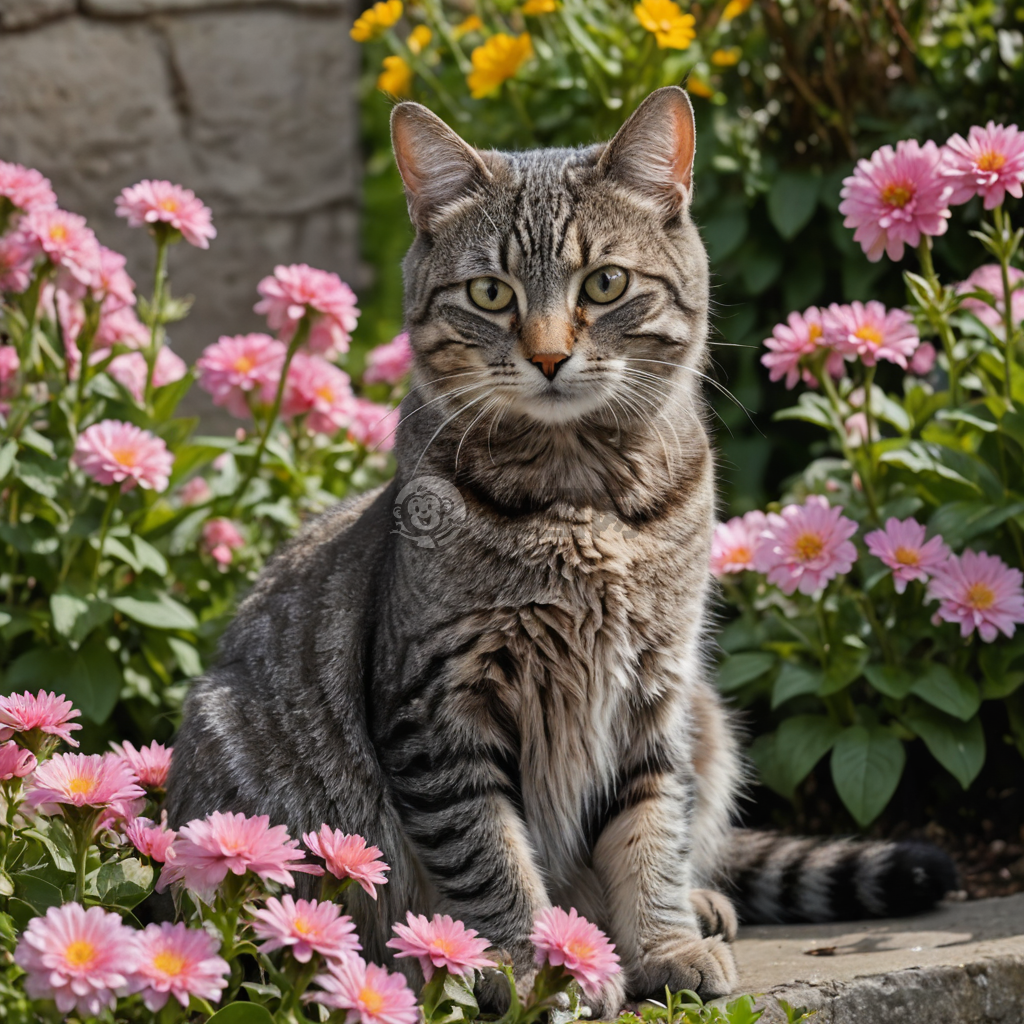 花园中的灰色虎斑猫与花海的合影