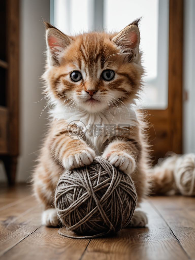 软绒绒小猫玩毛线球，自然光下趣味拍摄