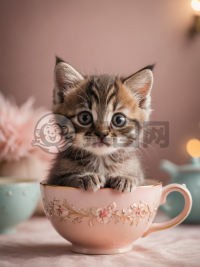 微小猫咪在茶杯中拍照，柔和光线下的精致纹理