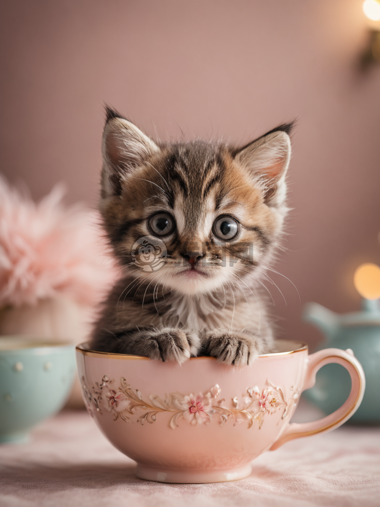 微小猫咪在茶杯中拍照，柔和光线下的精致纹理