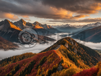 秋日山峦风光，红叶金辉迷人。