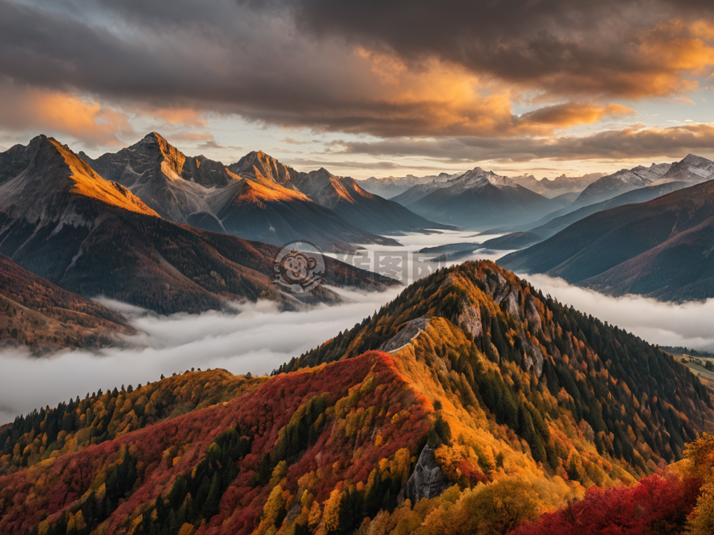 秋日山峦风光，红叶金辉迷人。
