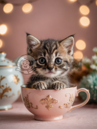 茶杯中的微小猫咪摄影作品，精致细节展示。