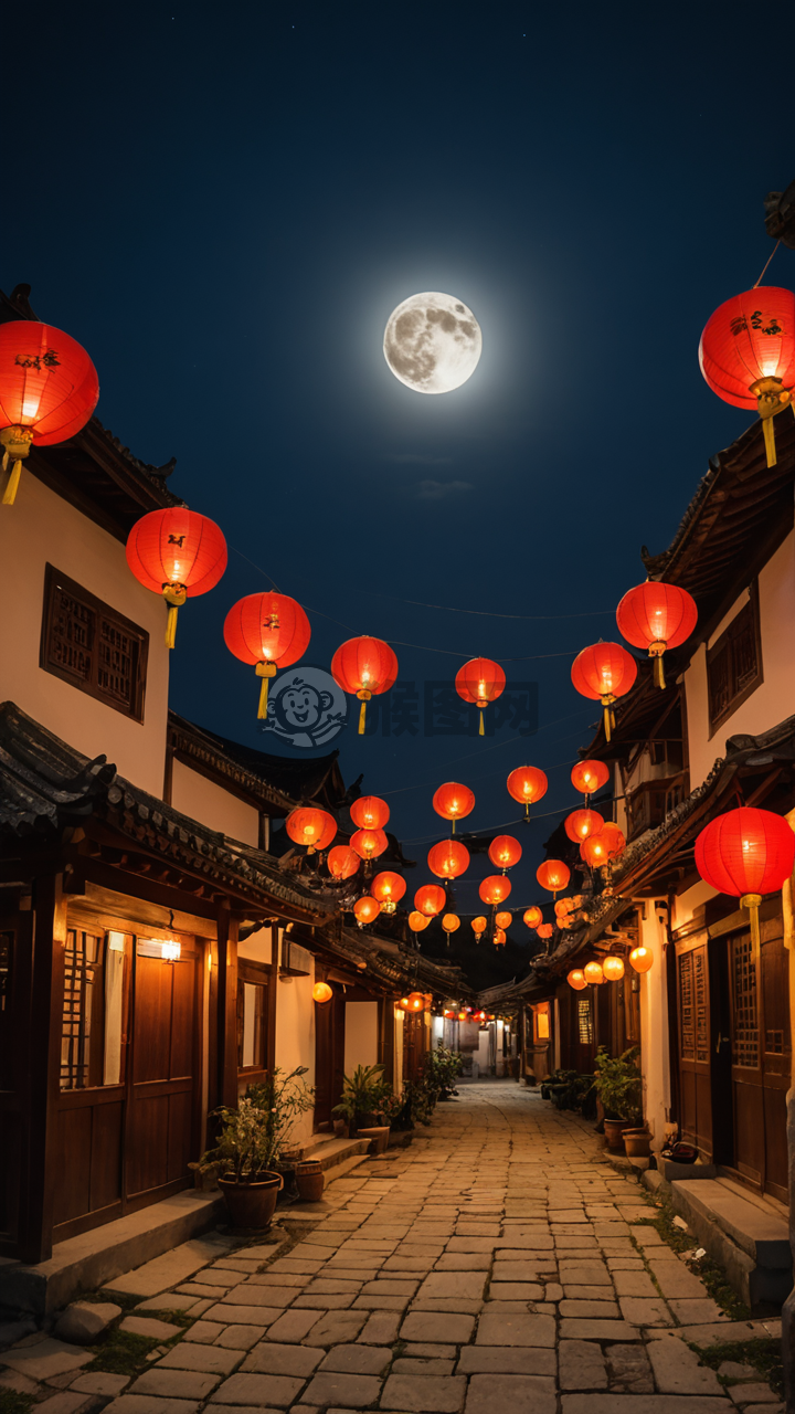 《中秋夜色中国村庄纸灯笼》