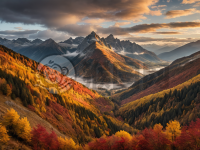 迷雾秋山红叶景