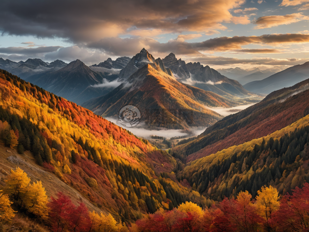 迷雾秋山红叶景